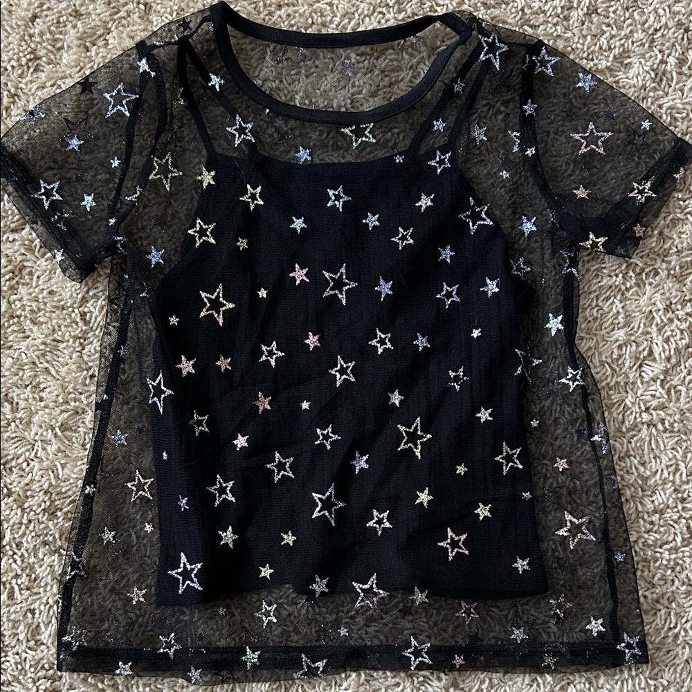Like new Forever 21 Girls Sheer Star Black Mesh  top - size 9/10